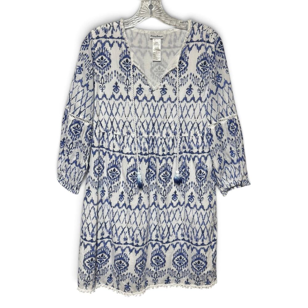 Tommy Bahama Cotton 3/4 Sleeve Ikat Tropics Tunic Dress Blue White XS